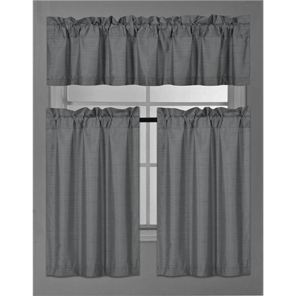3 Piece Solid Color Faux Silk Blackout Kitchen Window Curtain Set with Tiers - Picture 1 of 2
